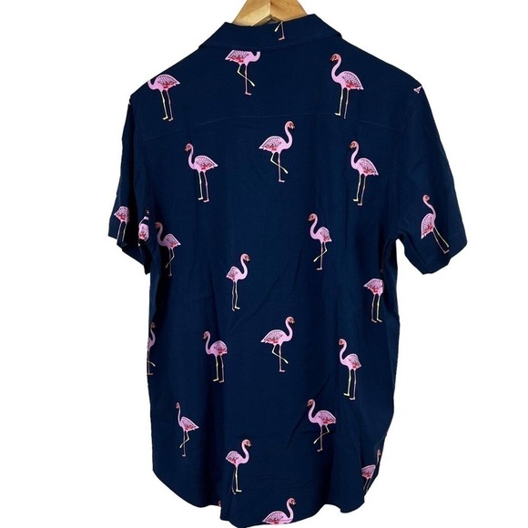 Free Planet Navy Blue Short Sleeve Flamingo Hawaiian Shirt M Button Down - Picture 8 of 12